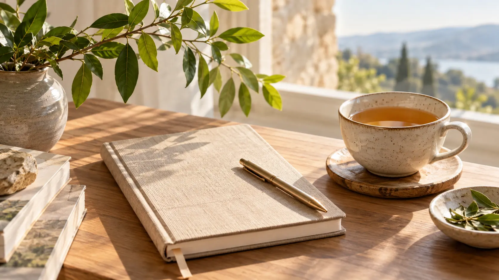 Morning light on a desk with a notebook and a cup of tea