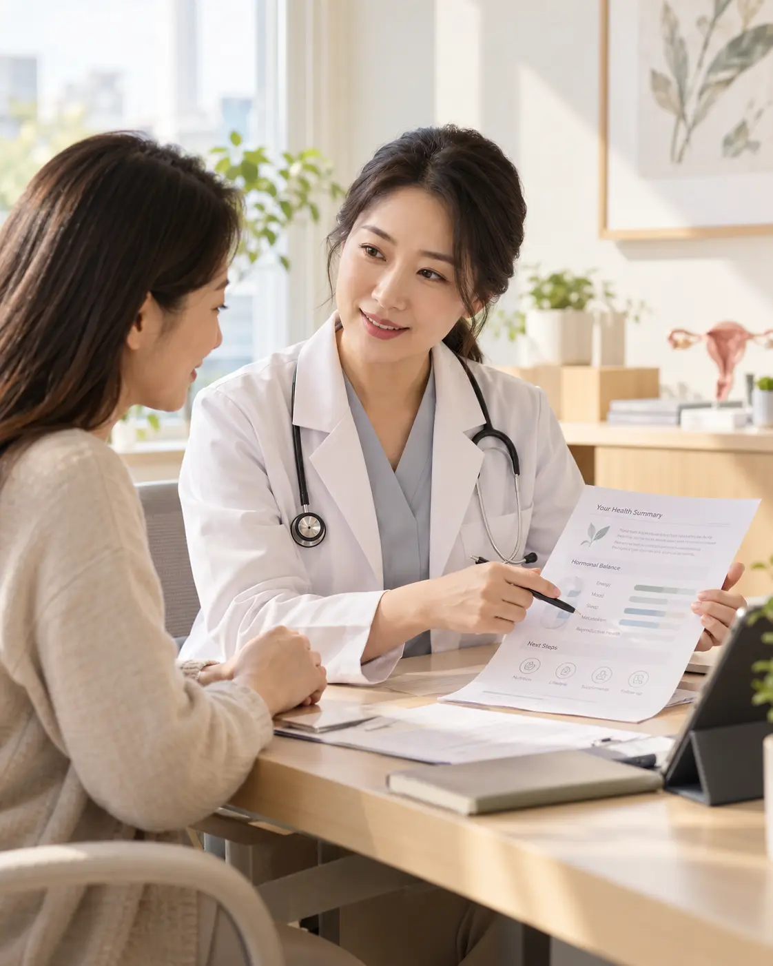 A doctor going through a printed summary with a patient, screen angled away