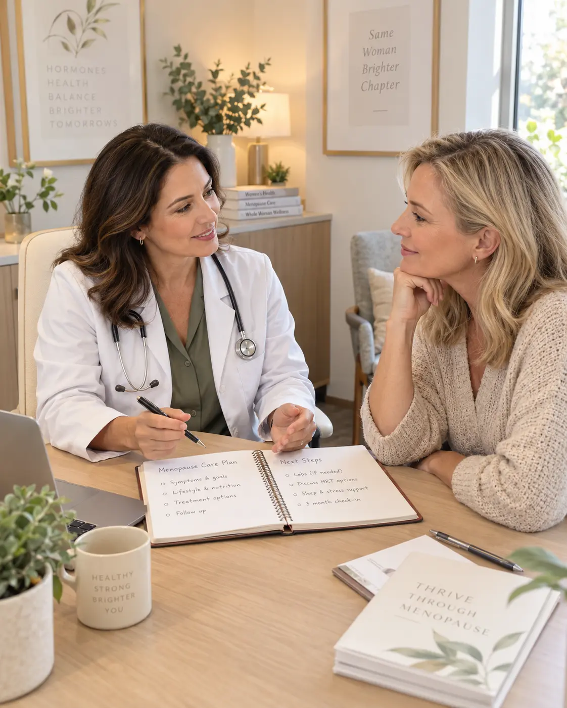 A woman and a female doctor talking through a plan