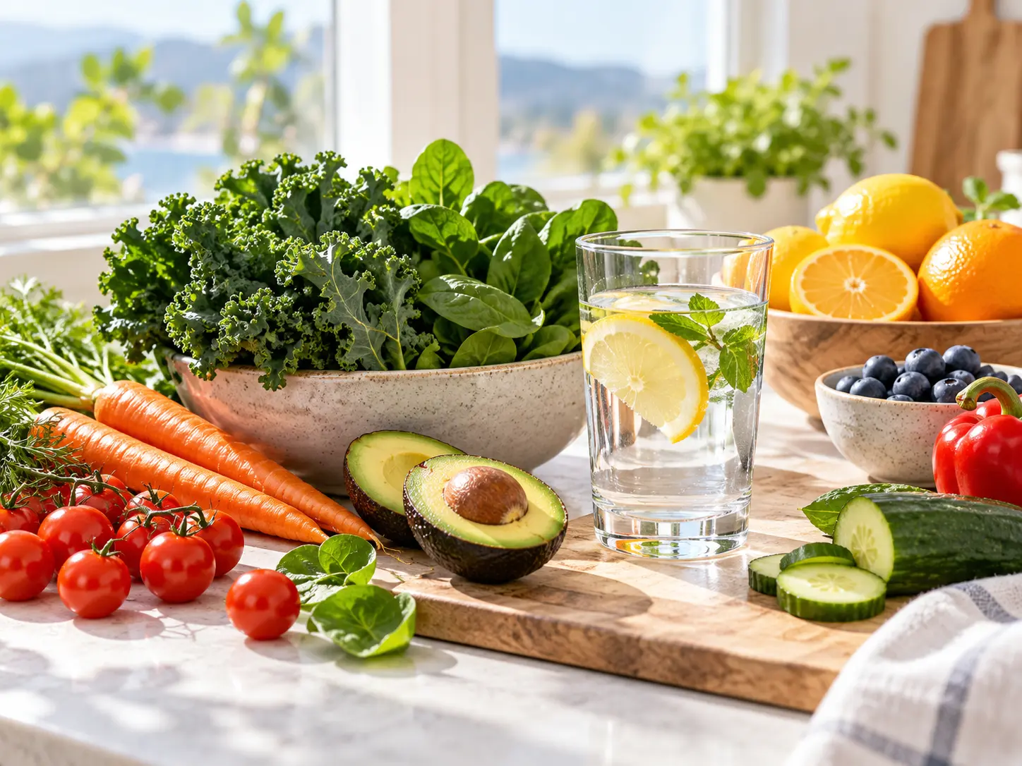 Fresh produce and a glass of water on a bright table