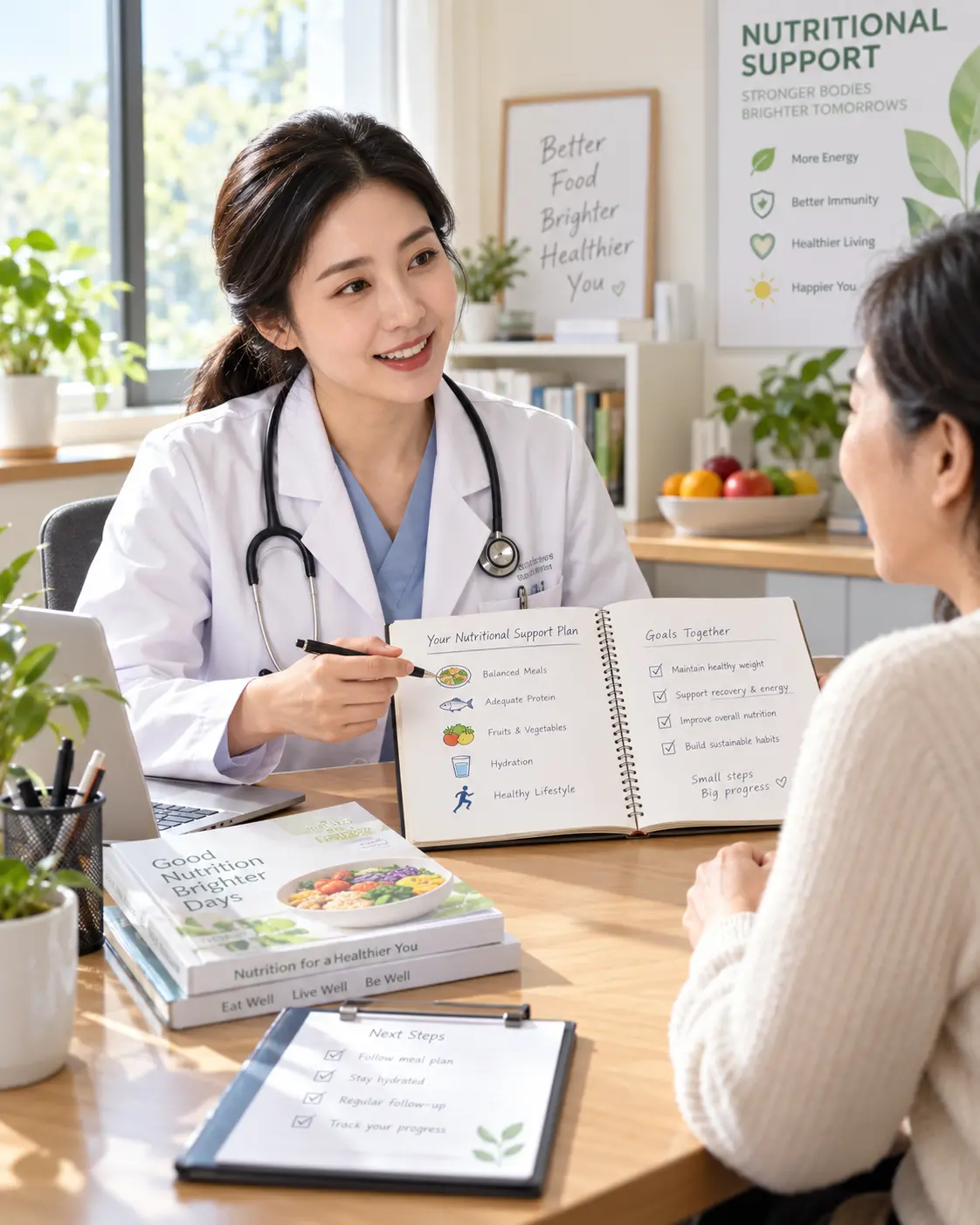 A doctor talking through a plan with a patient, notebook on the desk, daylight