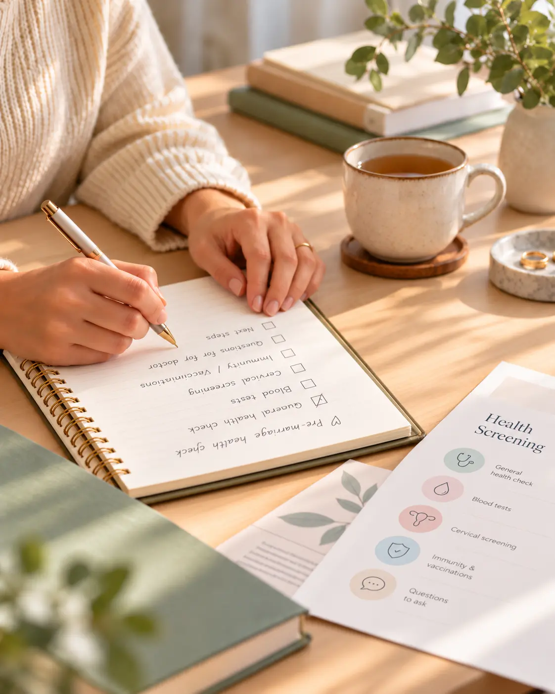 Hands holding a notebook beside a cup of tea
