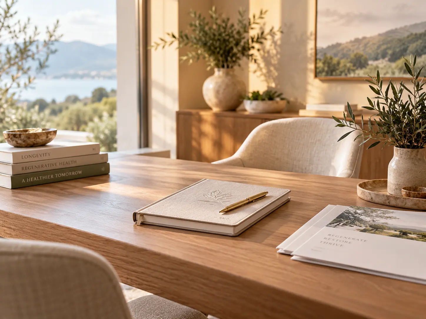 A sunlit consultation desk with a notebook