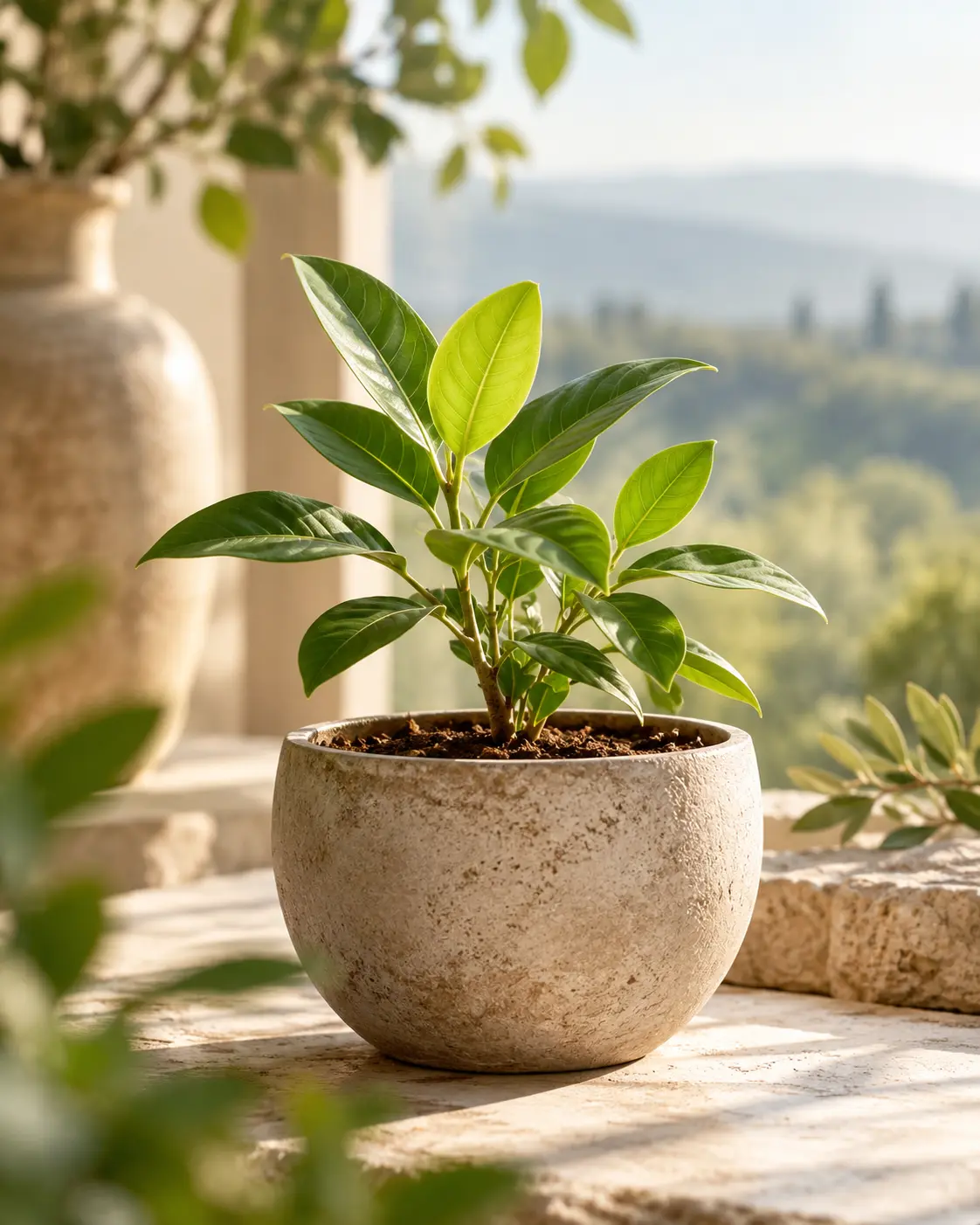 A small plant growing in daylight, or hands resting on a table, as a quiet growth metaphor