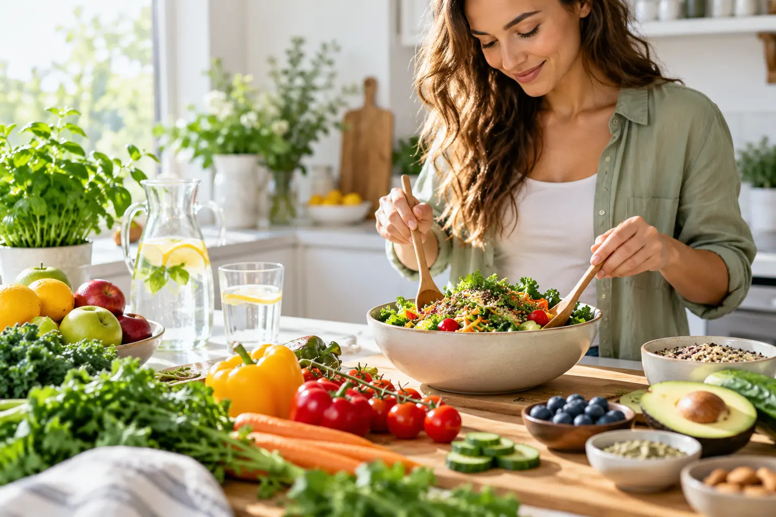 Fresh produce and a glass of water on a bright table